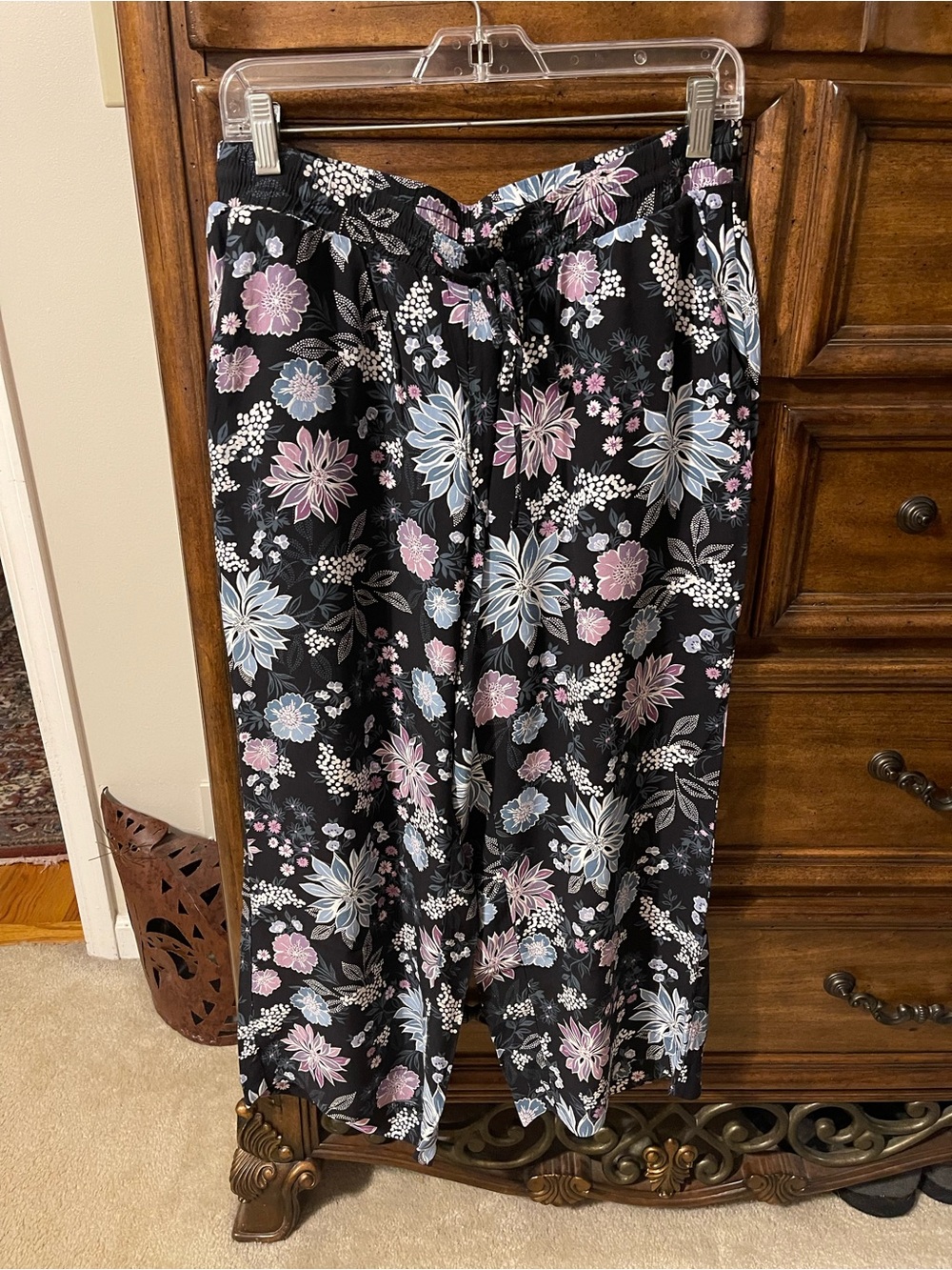 LOFT Floral Wide-Leg Black Soft Pants with Pink & Light Blue Flowers